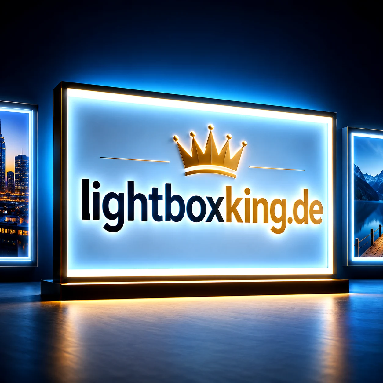 Leuchtende Lightbox mit der Aufschrift lightboxking.de und Krone